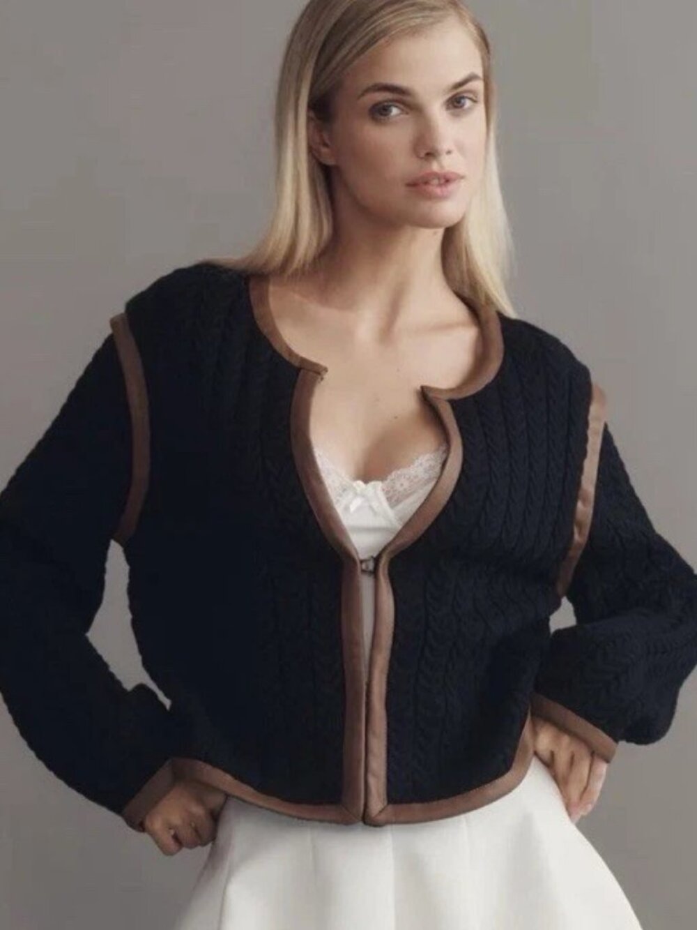 NWT Anthropologie Cable Knit Cardigan Sweater, Faux Leather Trim In Black Medium